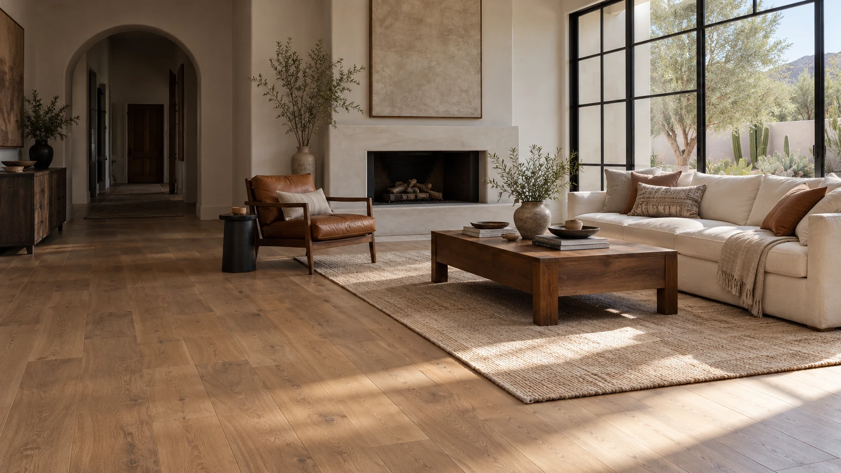 Furnished Arizona style living room with oak flooring, a cream sofa and desert garden views